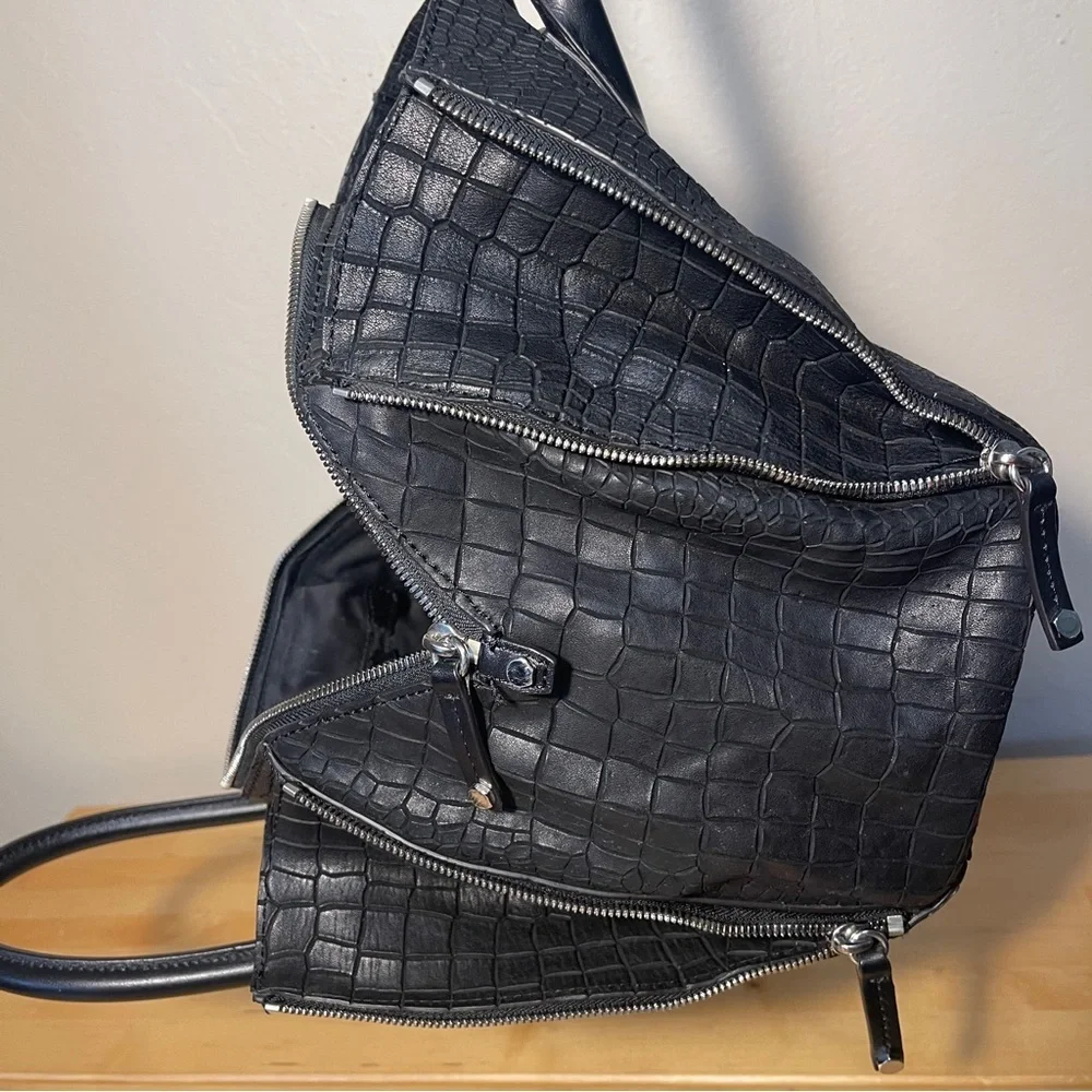 Rebecca Minkoff Perry Croc Embossed Leather Satchel Black Top Handle Crossbody